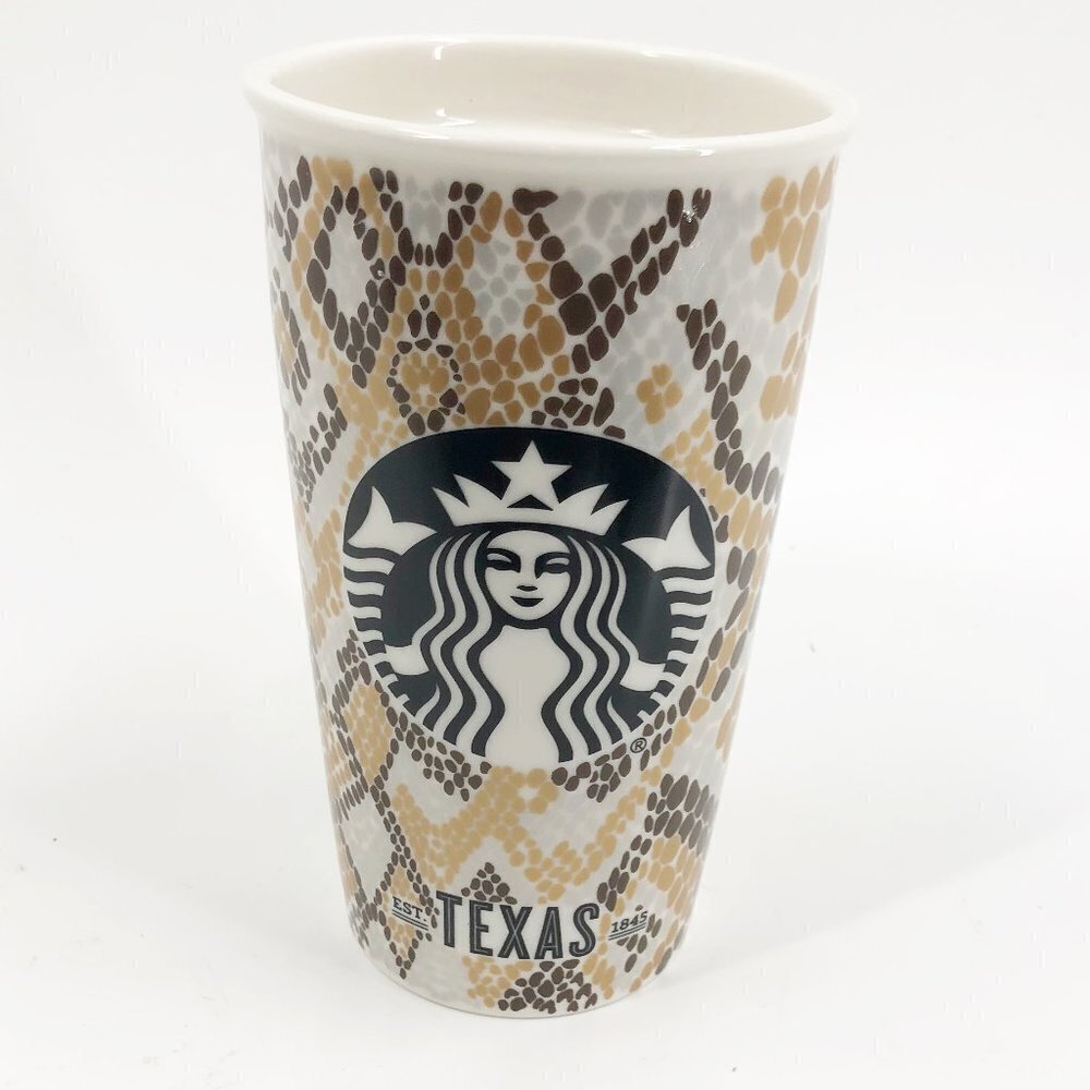 ✅Starbucks Texas 2015 Brown Silver Gold Snake Skin Print 12oz Tumbler Mug No Lid